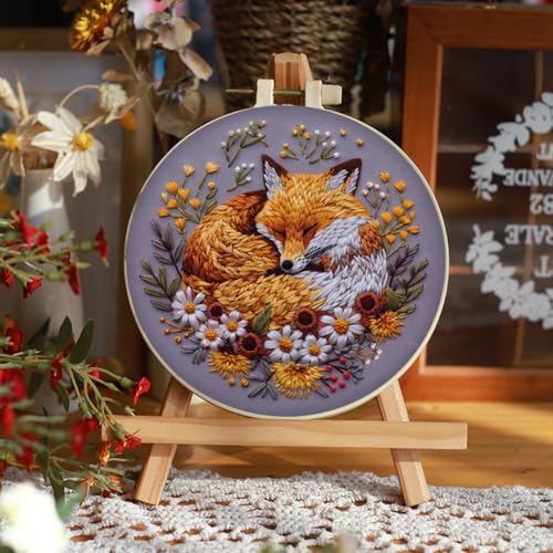 Needlework Embroidery Kit for Beginners,Cute Fox Pattern Handmade Cross Stitch Sewing Art Craft Kit with Stamped Design Cotton Threads Needles Hoop for Home Decor