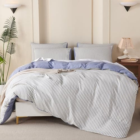 BUPIRD Comforter Set King Striped Blue 100% Soft Washed Microfiber Jacquard 3 Pieces King Striped Bedding Sets Blue White Comforter for All Seasons and 2 Pillowcases Comfort Breathable BUPIRD