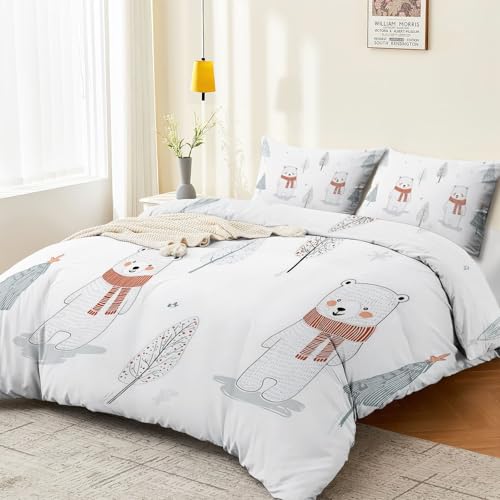 Aesthetic Duvet Cover Set White - Single 3-Piece Double-Sided Printed Bedding with Minimalist Bear Cartoon Design, Ultra-Soft Microfiber Quilt Cover with Zipper for a Calm Generic