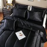 Bedding_Dreamer Black Silky Comforter Set Satin King Bed in a Bag 8 Pieces Luxury Hotel Silky Bedding with 1 Comforter, 1 Flat Sheet, 1 Fitted Sheet, 4 Pillowcases, 1 Cushion Cover (King, Black) Bedding_Dreamer