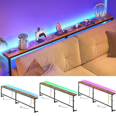 YGEOMER 79in Behind The Couch Table Skinny Adjustable Height Sofa Table with Outlet Narrow Console Table with LED Lights, Rustic Brown