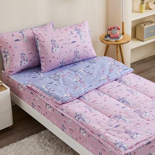 Anibedding 3Pcs Zip Up Bedding Comforter Set for Girls, Pink Castle All in One Zipper Twin Bedding Set with Pillowcase for Kids Anibedding