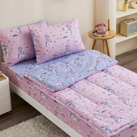 Anibedding 3Pcs Zip Up Bedding Comforter Set for Girls, Pink Castle All in One Zipper Twin Bedding Set with Pillowcase for Kids Anibedding