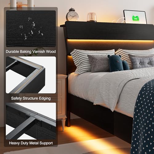 Einhomn Floating Bed Frame Twin Size with Led Headboard and Charging Station, Metal Platform Bed Base with Storage, Remote Control, Heavy Slats Support, No Box Spring Needed, Noise Free, Black Einhomn
