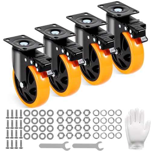VEVOR Caster Wheels, 5-inch Swivel Plate Casters, Set of 4, with Security A/B Locking No Noise PVC Wheels, Heavy Duty 1800 lbs Load Capacity, Non-Marking Wheels for Cart Furniture Workbench VEVOR