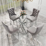 HAIZAO 5 Piece Silver Luxury Glass Dining Set, Modern Minimalist Kitchen Table Set for 4, 36'' Clear Square Glass Top Dinner Room Set, Grey High-end Tufted Chairs, for Small Place Living Room HAIZAO