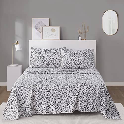 Intelligent Design Printed Microfiber Sheet Set, Soft Modern Bedroom Decor, Elastic Deep Pocket, All Season, Lightweight, Breathable, Cozy Bedding, Matching Pillowcase, King Black Floral 4 Piece Intelligent Design