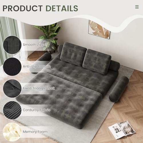 DSNAPE 59" Convertible Sofa Bed, 5-in-1 Folding Loveseat Sleeper Chair with Pillows Removable Armrests, Fold Out Boneless Couch Futon Floor Mattress Lounge for Apartment Dorm Living Room - Grey, Full DSNAPE