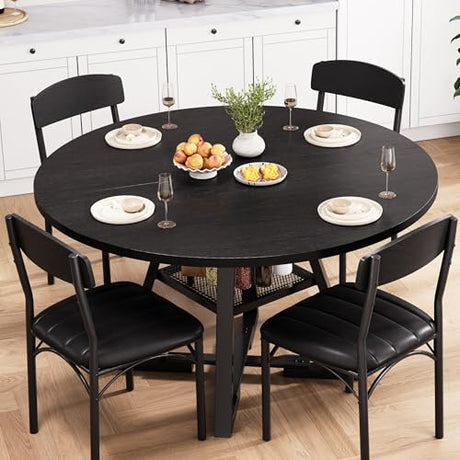 Round Dining Table Set for 4, Kitchen Table and Chairs for 4, Circle Table Round Pedestal Dining Room Dinner Dinette Table Set,5 Piece Space Saving Wood Kitchen & Dining Room Tables (Black, 42In) Jocoevol