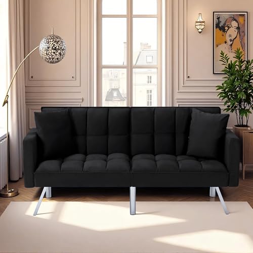 78" Modern Sofa Bed Futon,Convertible Sleeper Bed Couch with 4 Reclining Backrest,Comfy Velvet Cloud Sofa Loveseat for Living Room Bedroom Office (Black) Anwick