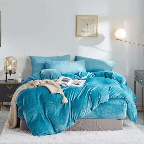 YASMENG Fluffy Velvet Duvet Cover Set Turquoise Blue Queen Size Fall Winter Soft Warm Flannel Comforter Cover Aqua 90" x 90" Luxury Cozy Plush Fleece Full Reversible Bedding Duvet Cover Set 3pcs YASMENG