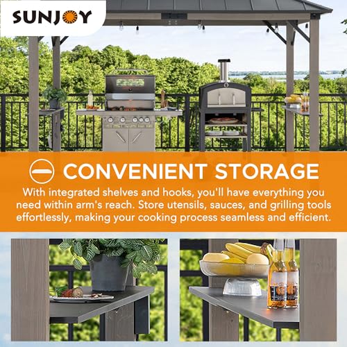 Sunjoy Wooden Grill Gazebo, 8 x 12 ft. Steel Hardtop Outdoor Gazebo for Year-Round Grilling, 2 Full Size Grills, Griddles or Smokers - Cook Station, Barbeque, Built-in Electrical Outlets, Bla - WoodArtSupply