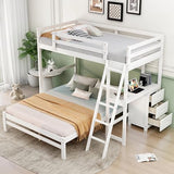 KTATK Twin Over Full Bunk Bed with Built-in Desk and Three Drawers,Pine Wood Convertible Twin Over Full L-Shaped Loft Bunk Bed Frame for Kids Teens Adults,White KTATK