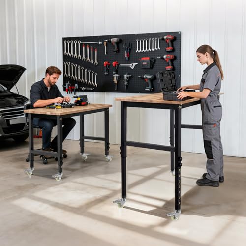 VEVOR Adjustable Workbench on Wheels, 1500 lbs Capacity, 48 x 24 Inch Oak Wood Top Workbench with 28.5-42.3 Inch Height Adjustment, Heavy-Duty Hardwood Worktable for Garage, Workshop, Home, Office VEVOR