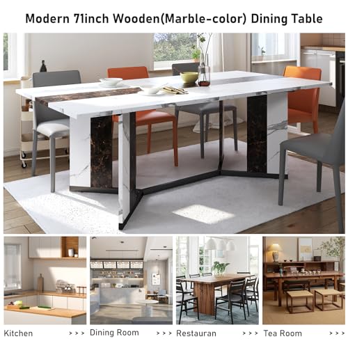 Hlivelood 71In Large Rectangular White Dining Table for 4 5 6 7 8 People w/35 Marble-Color Wood Watrproof Tabletop,Adjustable Leg.6ft Luxurious Family Dinner Table for Office Kitchen Living R - WoodArtSupply