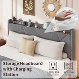 GarveeHome Queen Floating Bed Frame with LED Lights & Charging Station, Upholstered Platform Beds with Storage Headboard & Folding Shelves Storage, Metal Slats Support, No Box Spring Needed, Grey GarveeHome
