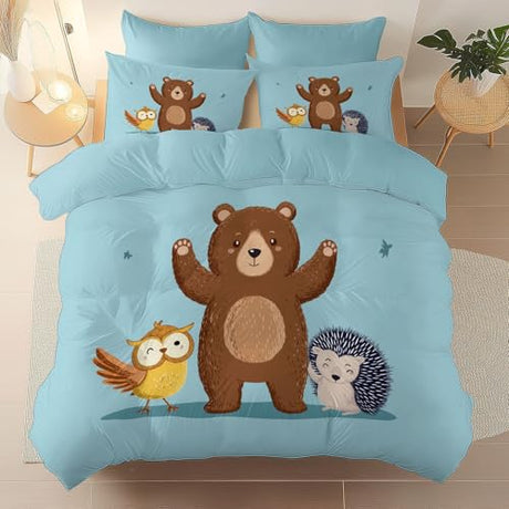 Aesthetic Bedding Blue Duvet Cover Single Size, Reversible Cartoon Animals Minimalist Bedding Set 3 Pcs – Soft Microfiber Comforter Cover with 2 Pillow Shams Generic