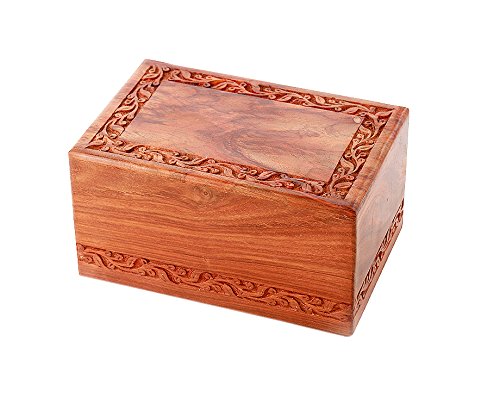 Large Solid Rosewood Border Engraved Wood Urn - Adult Hand Carved Wooden Urn - Large Wood Urn - Wooden Urn with Free Bag - WoodArtSupply