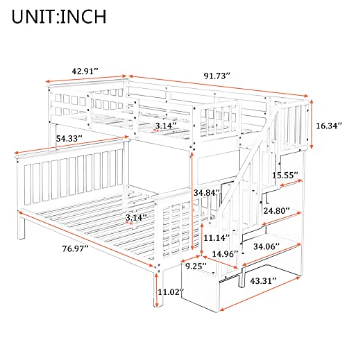 Stairway Bunk Beds Twin Over Full with 4-Step Stairs and Under-Step Storage Shelves, Gray Merax