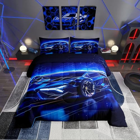 Feelyou Kids Boys Sports Car Comforter Set Twin Size Blue Race Car Comforter for Kids Teens Room Decor Extreme Sports Theme Bedding Set Cool Speed Luxury Car Decor Quilt Set Soft for All Season Feelyou