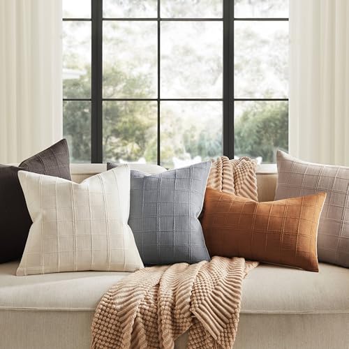 ZeeMart Linen Checked Throw Pillow Covers Set of 2, 18x18 Inch Blue Ashes/Cream, Farmhouse Decorative Single Sided Grid Embroidered Couch Pillow Cases Blue Grey Cotton Linen Cushion Covers ZeeMart