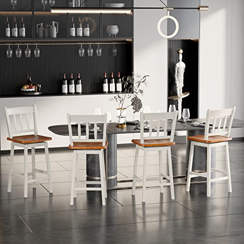 COSTWAY 24.5 Inch Ergonomic White Bar Stools Set of 4 with 360° Swivel & Footrest COSTWAY