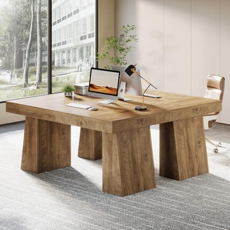Tribesigns 55-Inch Executive Desk, Large Wood Office Computer Desk with Double Pedestal, Modern Minimalist Workstations Writing Table Conference Table Furniture for Home Office, Light Brown Tribesigns