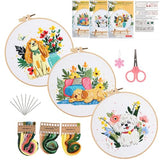 Konrisa 3 pcs Dog Flower Embroidery Kits for Beginners, Needlepoint Cross Stitch Kits with Pattern, DIY Sewing Practice Kit, Include 1pcs Hoop