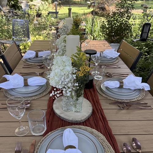 VredHom 95" Patio Outdoor Dining Table for 8-10, Weather-Resistant Wood-Grain Top with Aluminum Frame & Umbrella Hole for Deck Gatherings, Brown VredHom