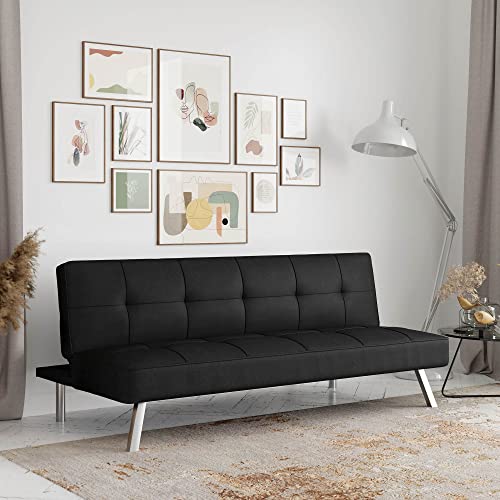 Serta® Rane Futon Sofa Bed 66.1", 3-in-1 Convertible Couch Sleeper for Small Spaces, Tufted Back, Twin Size Guest Bed, Black Woven Fabric Serta