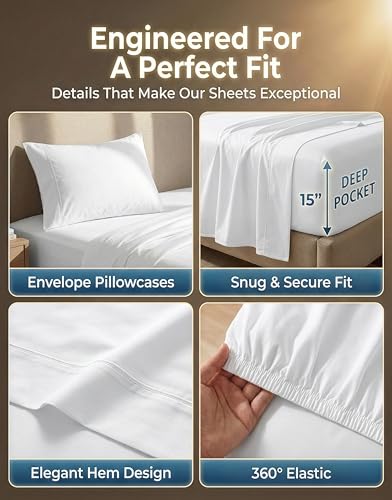 LANE LINEN Twin Sheets Set - 600 Thread Count Premium Sateen Weave for Gentle Feel On Your Skin - 100% Cotton Sheet Set for Hotel Quality Softness - Fits Mattresses Upto 15'' Deep - White LANE LINEN