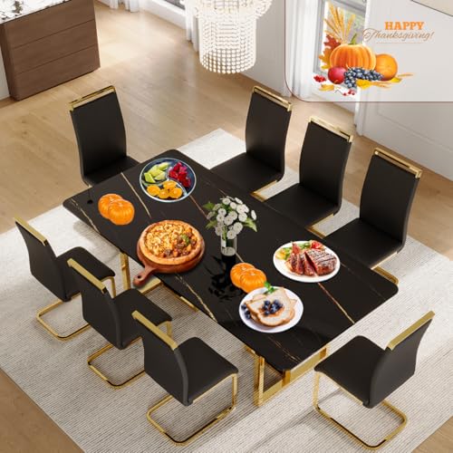 MEMUY 79" Black Modern Dining Table Set for 8,MDF Board Wood Table Top with Golden Metal Legs,Glossy Black Kitchen Room Table Set for 8-10 Person,Dining Room Table with 8 Black Golden Chairs MEMUY