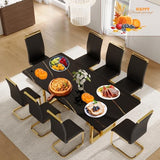 MEMUY 79" Black Modern Dining Table Set for 8,MDF Board Wood Table Top with Golden Metal Legs,Glossy Black Kitchen Room Table Set for 8-10 Person,Dining Room Table with 8 Black Golden Chairs MEMUY