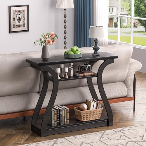 UODERS Wooden Console Table with Curved Legs and Shelf, 3-Tier Modern Accent Narrow Sofa Table for Entrance Area, Living Room, Hallway, 47 in Wide Wood Console Table for Entryway (Black) UODERS