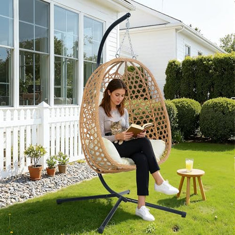 EortheX Hanging Egg Chair with Cushions – Comfortable Rattan Swing Chair with Stand for Patio, Garden, or Balcony – Stylish and Relaxing Outdoor Lounge Chair, 350LBS Capacity Indoor Outdoor (Beige) EortheX outdoor fancy