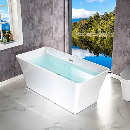 WOODBRIDGE 59" Acrylic Freestanding Bathtub Contemporary Soaking White Tub with Brushed Nickel Overflow and Drain，BTA1509 -B/N-Drain &O WOODBRIDGE