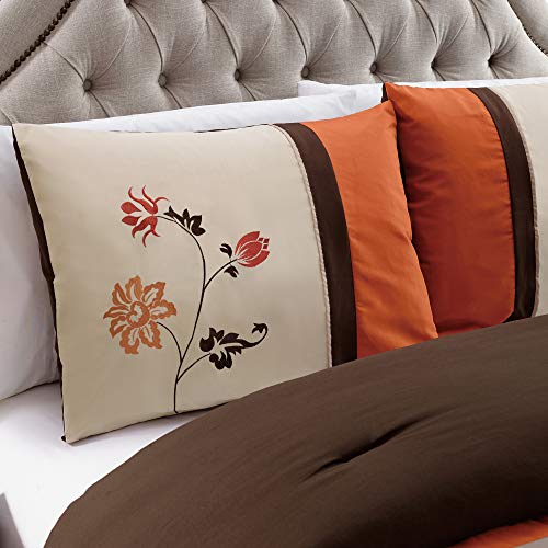 Chezmoi Collection Serene 7-Piece Luxury Autumn Floral Embroidery Comforter Set, King, Orange/Brown/Taupe Chezmoi Collection