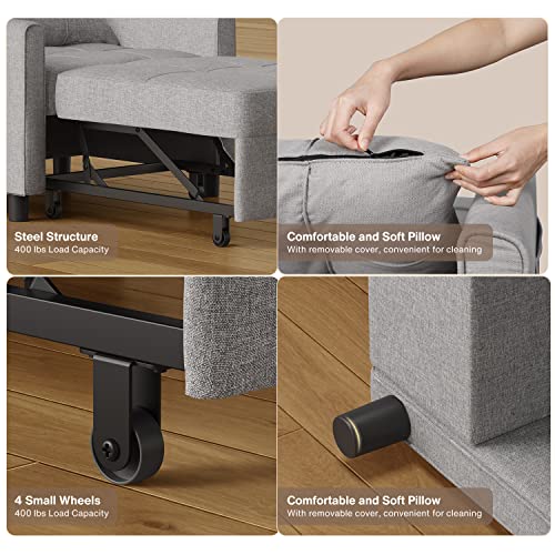 Noelse Sleeper Sofa Chair Bed, Convertible Sofa Chair 3-in-1, Adjustable Sleeper Chair Pullout Sofa Bed with Modern Linen Fabric for Living Room Apartment Small Space, Grey Noelse