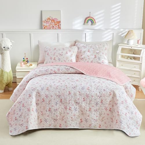 Joyreap 3 Pieces Cotton Quilt Set for Girls, Full/Queen Size Pink Flowers Floral Design, Cozy Lightweight Quilt Bedspread Bed Cover for All Season, 1 Quilt and 2 Pillow Shams- 90x90 inches Joyreap