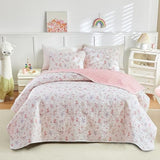 Joyreap 3 Pieces Cotton Quilt Set for Girls, Full/Queen Size Pink Flowers Floral Design, Cozy Lightweight Quilt Bedspread Bed Cover for All Season, 1 Quilt and 2 Pillow Shams- 90x90 inches Joyreap