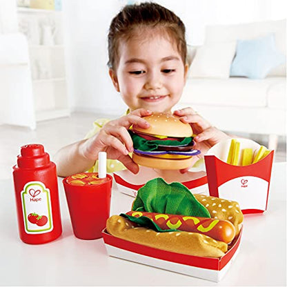 Hape Fast Food Set |Wooden Diner Fast Food Toy Set, Classic American Meal for Pretend Play Includes Burger, French Fries, Hotdogs & Cola