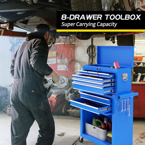 On Shine 8 Drawer Rolling Tool Chest, Large Capacity Rolling Tool Box with Wheels, Locking Mechanical Tool Chest, Portable Tool Box with Sliding Drawers,Metal Tool Box for Garage Workshop (Blue) On Shine