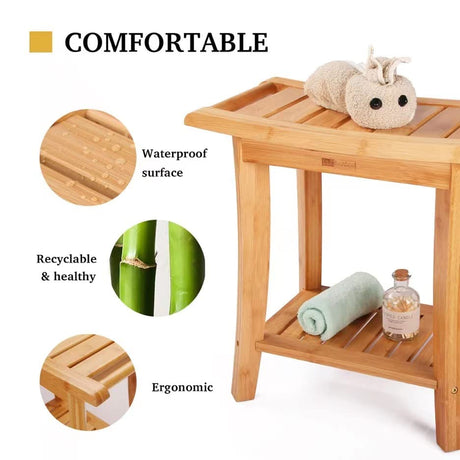 Unibambou Bamboo Shower Bench with Storage Shelf, Wooden Spa Bath Deluxe Organizer Shower Stool for Inside Shower Waterproof, Bathroom Bench Seat for Adults Elderly Seniors for Indoor or Outdoor Use Unibambou