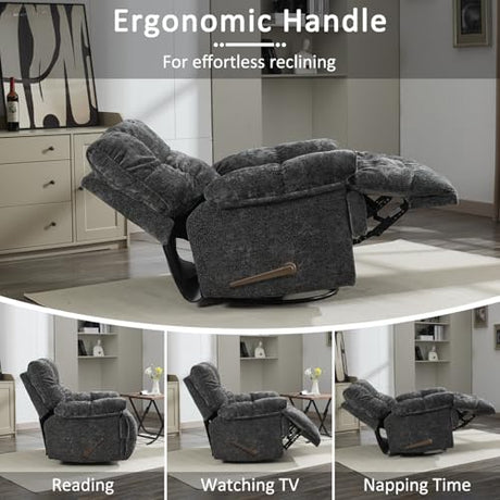 Pationate Oversized Recliner Chair, Overstuffed Swivel Rocker with Extra Wide Seat & Breathable Fabric for Living Room (Manual, Gray) Pationate
