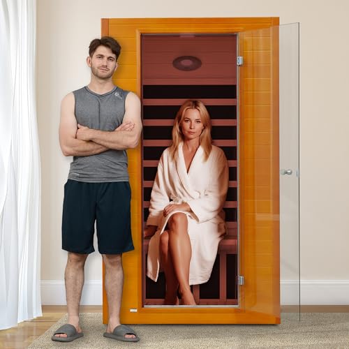 Real Relax Far Infrared Sauna for Home, 1 to 2 Person Indoor Home Sauna with Low Emf Red Light Therapy, Canadian Hemlock Wooden Dry Saunas Room with Bluetooth Speakers, 9-Color Chromotherapy Lights Real Relax