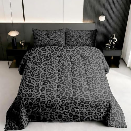 Castle Fairy Leopard Print Comforter Set Queen Size Cheetah Print Super Soft Bedding Set for Women Bedroom Decor,African Wildlife Animal Skin Comforter-3 Pieces,Retro Noble Duvet Insert,Black Grey Castle Fairy