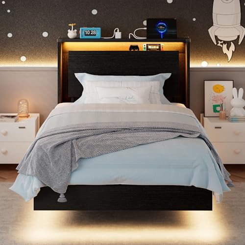 Einhomn Twin Bed Frames with LED Lights and Charging Station - Wood Floating Bed Frame with Storage Headboard, Adhesive Slats, Kick-Free & Noise-Free Design, Easy Assembly, Black Einhomn