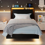 Einhomn Twin Bed Frames with LED Lights and Charging Station - Wood Floating Bed Frame with Storage Headboard, Adhesive Slats, Kick-Free & Noise-Free Design, Easy Assembly, Black Einhomn