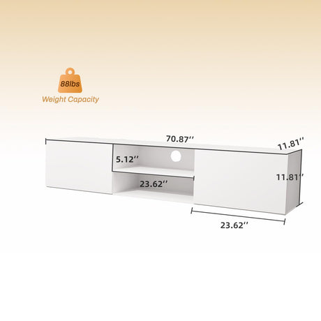TIMSATIO Floating TV Stand Wall Mounted,70" Floating Entertainment Center for 60" 70" 80",Floating Shelf for Under tv, 3 Cabinet TV Console,Media Console for Living Room (Pure White) TIMSATIO