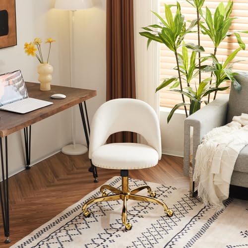 VINGLI Modern Velvet Small Office Chair,Cute Desk Chair with Wheels,Gold Base/Studs, Comfy Armless Swivel Vanity Task Chair for Women/Girl/Kids, Nail Tech Chair for Bedroom,Small Space,White VINGLI